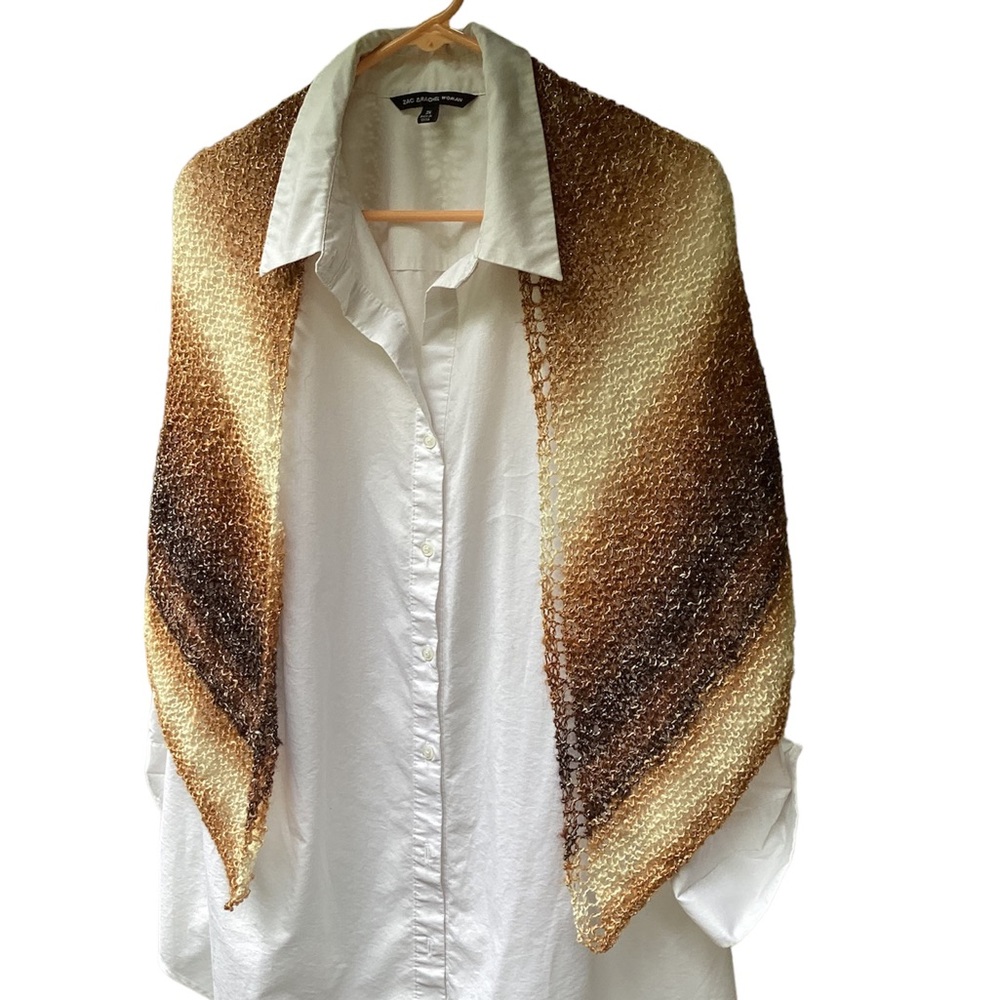 Shawl Triangle Hand Crafted Brown Cream Gold Neutral Lacy Knit